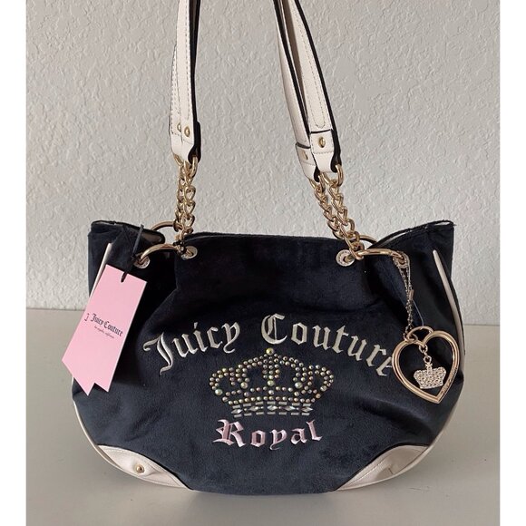Juicy Couture Royal Kingdom Velour Tote Rhinestone Crown Liquorice W/Charm NEW - Picture 1 of 13